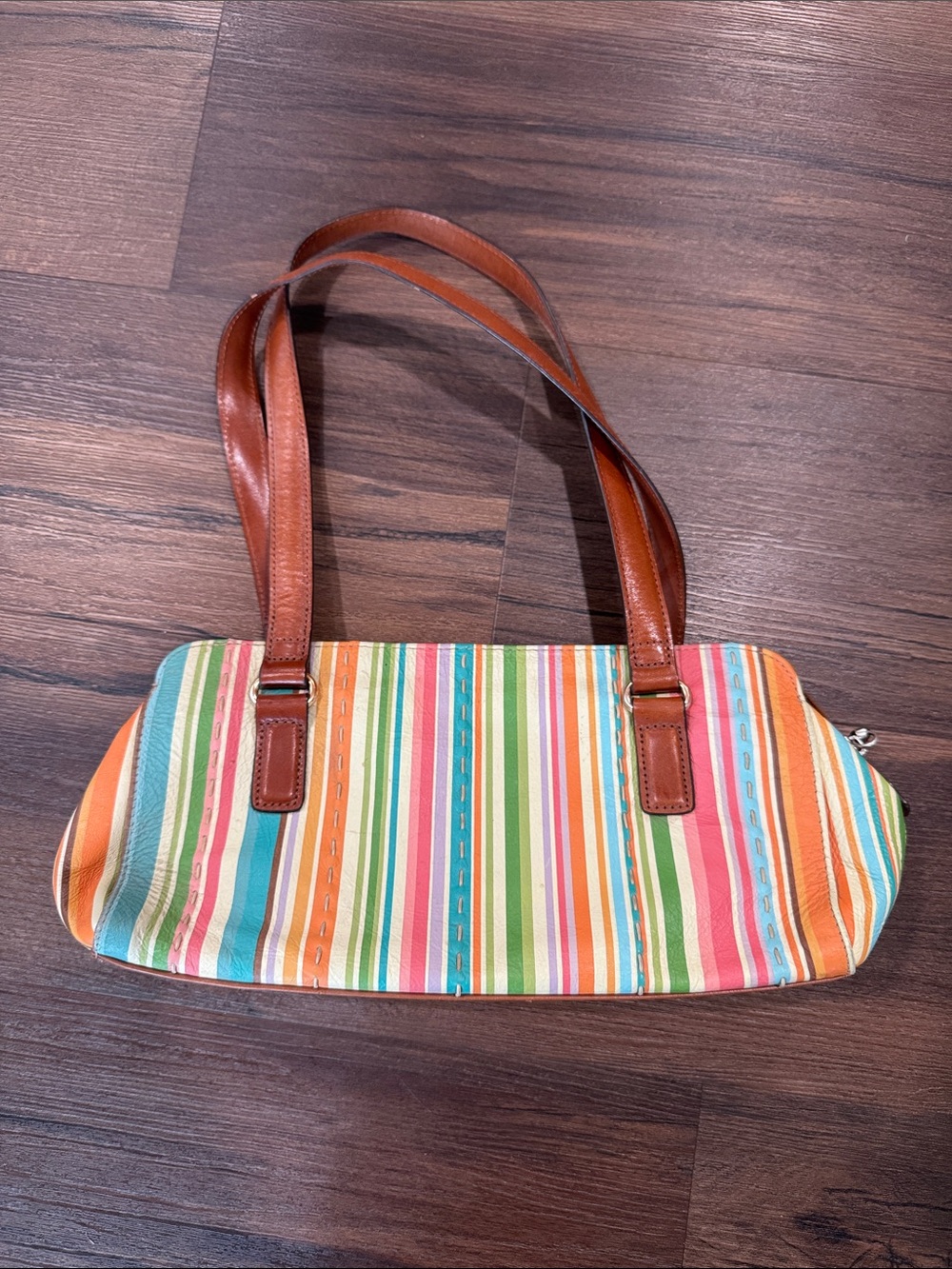 Fossil Leather Multi Pastel Striped With Brown Trim Shoulder Handbag Purse